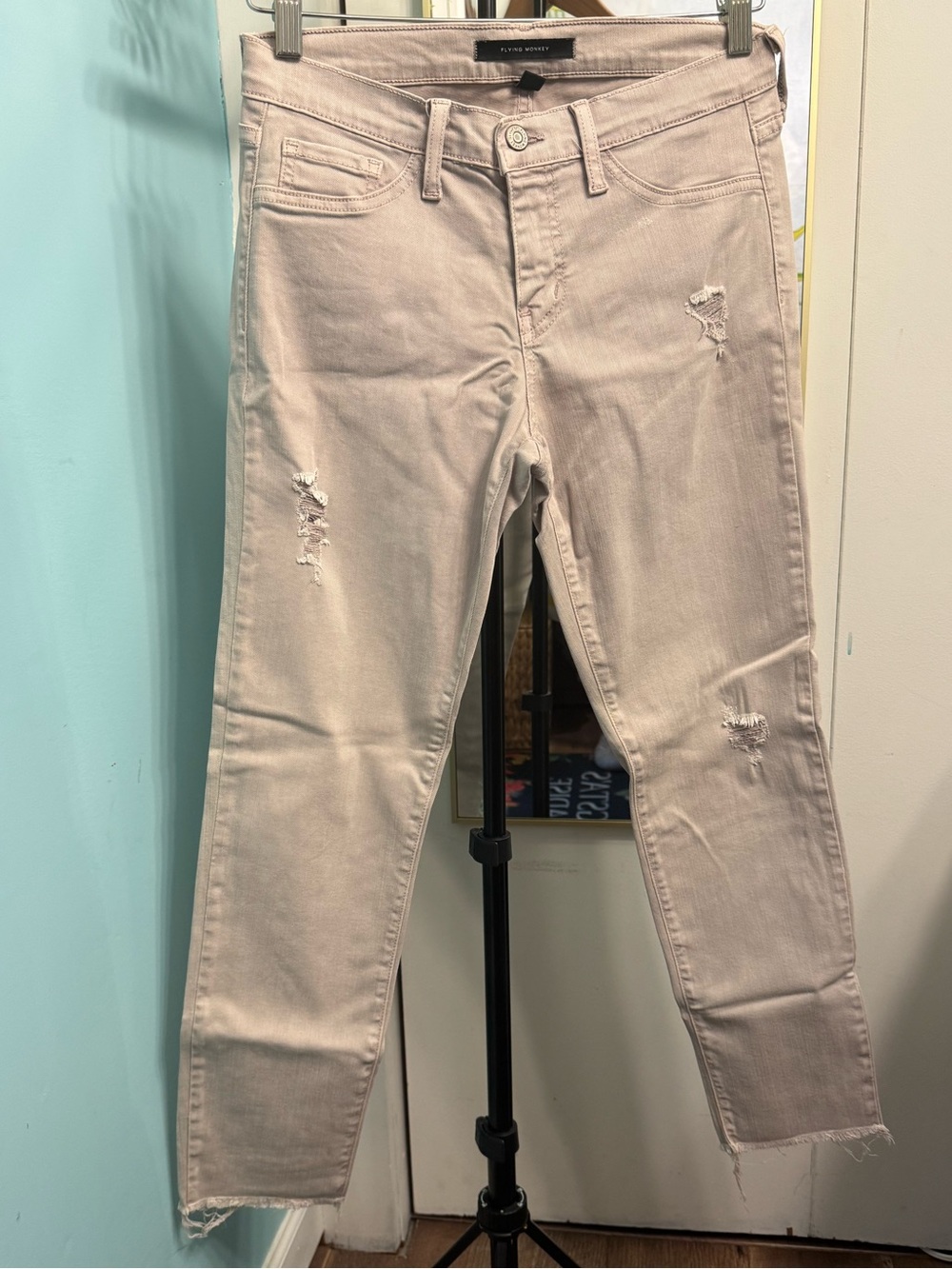 Flying Monkey Size 27 Distressed Skinny Jeans Taupe Raw Hem Made in USA